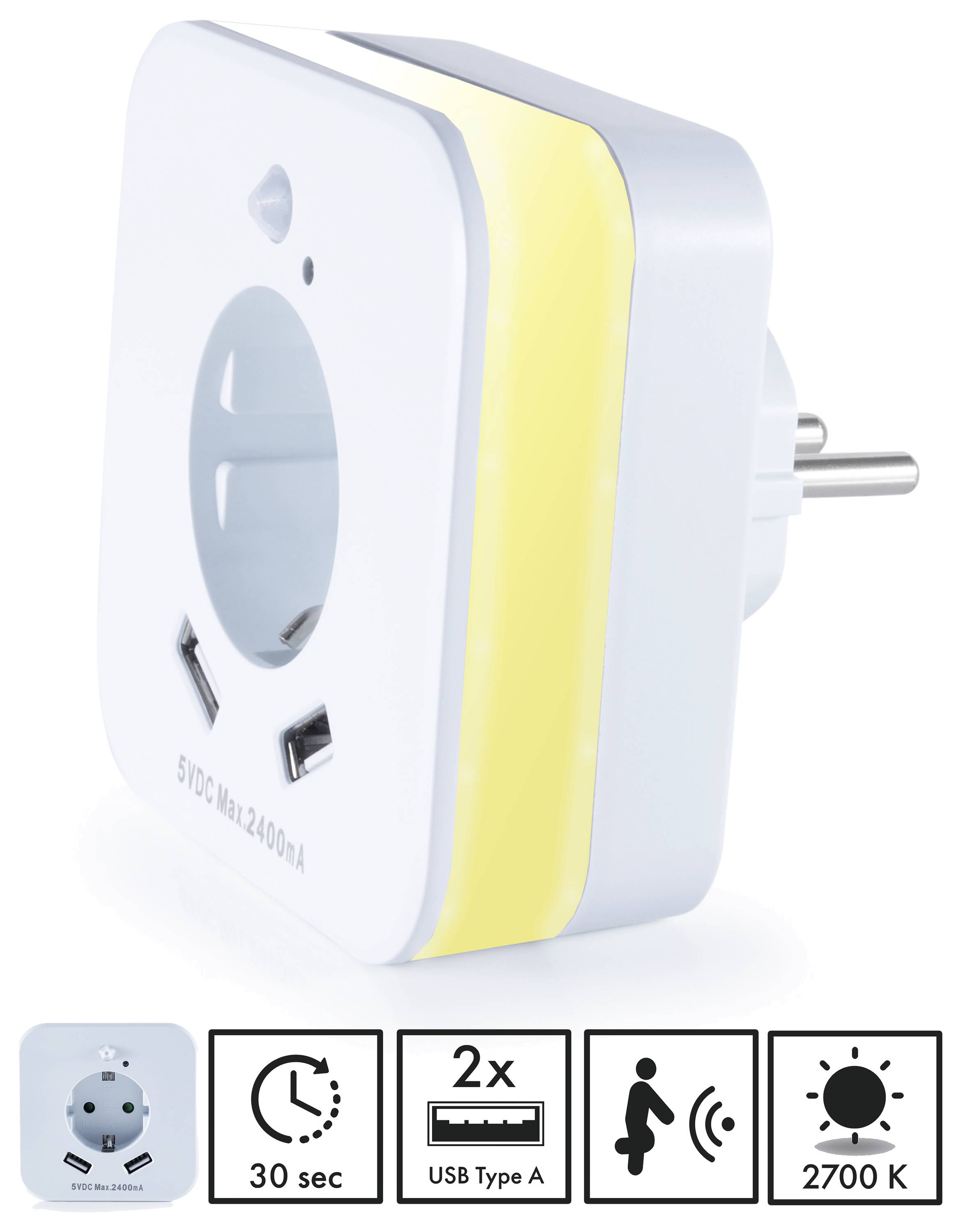 Een elektrische stekkerdoos-adapter met USB-poorten, een geïntegreerde nachtlichtfunctie en een bewegingssensor voor automatisch licht.