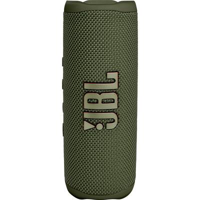 Draagbare groene Bluetooth-luidspreker met opvallend merkenlogo aan de voorkant.