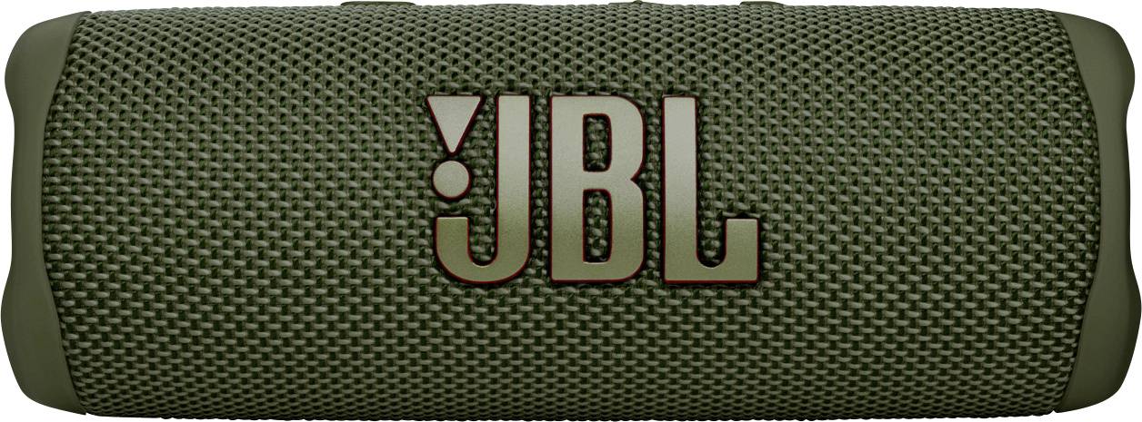 Groene draagbare luidspreker met het rode 'JBL' logo op de voorkant. Gestructureerde behuizing voor een betere grip.