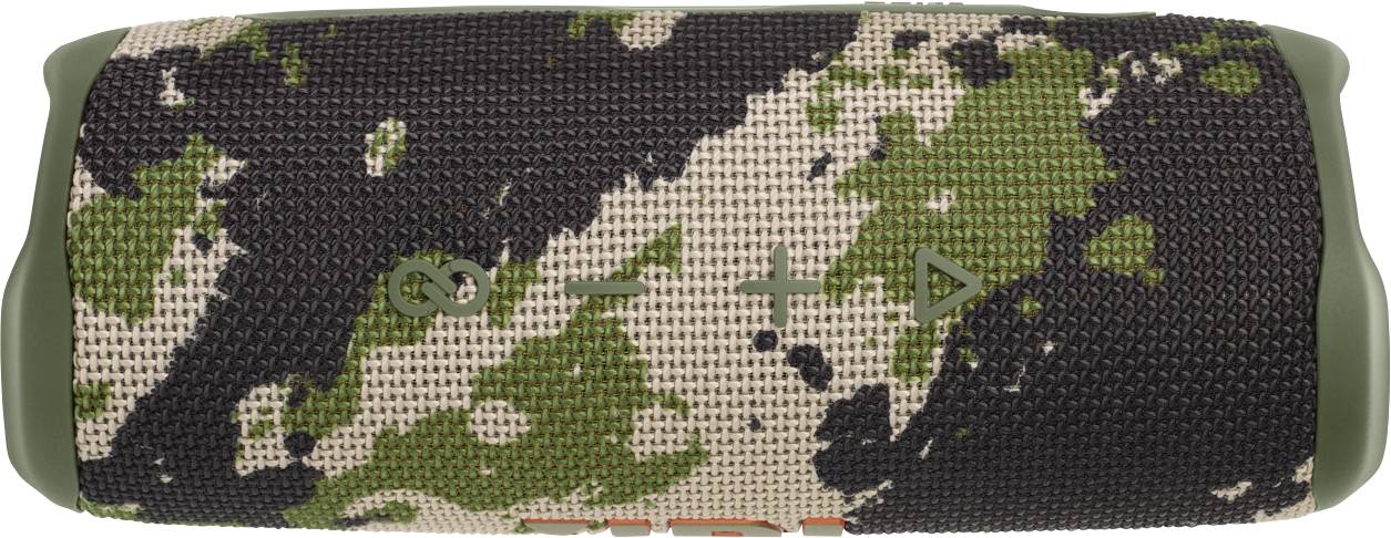 Een draagbare luidspreker met een groen, zwart en beige camouflagepatroon. Ideaal voor gebruik buitenshuis.