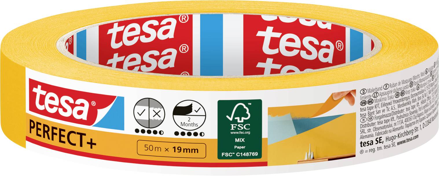 Rol plakband gelabeld als 'tesa PERFECT+' met pictogrammen voor sterkte, duurzaamheid en FSC-certificering. Biedt 50m lengte bij 19mm breedte.