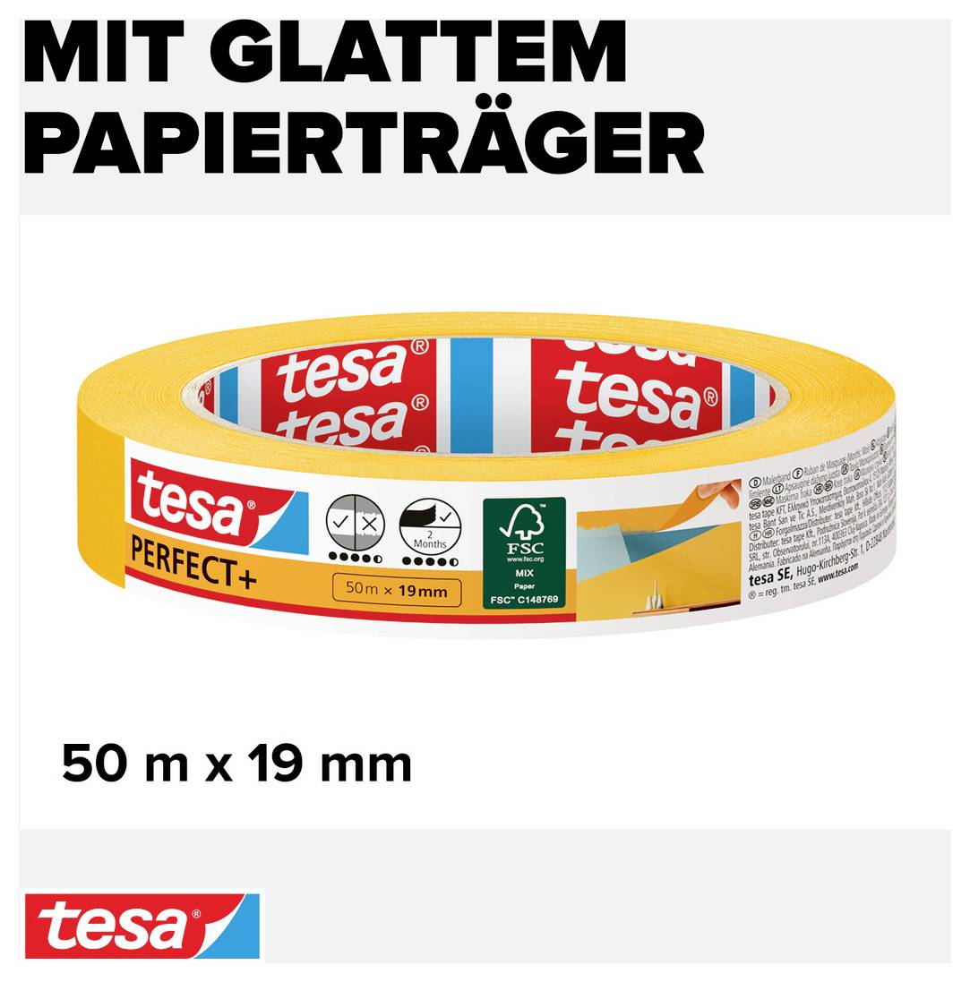 'Plakband van het merk tesa, Perfect+, 50 m x 19 mm, met gladde papieren drager. Geel met rood logo en opschrift.'