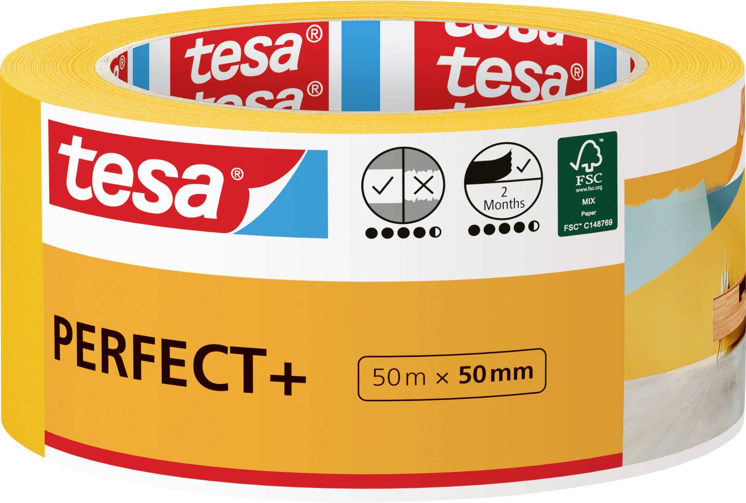 Een rol tesa Perfect+ schilderstape, 50m x 50mm, voor precisieschilderwerk. Verpakking benadrukt een gebruiksgarantie van twee maanden en milieuvriendelijke certificering.