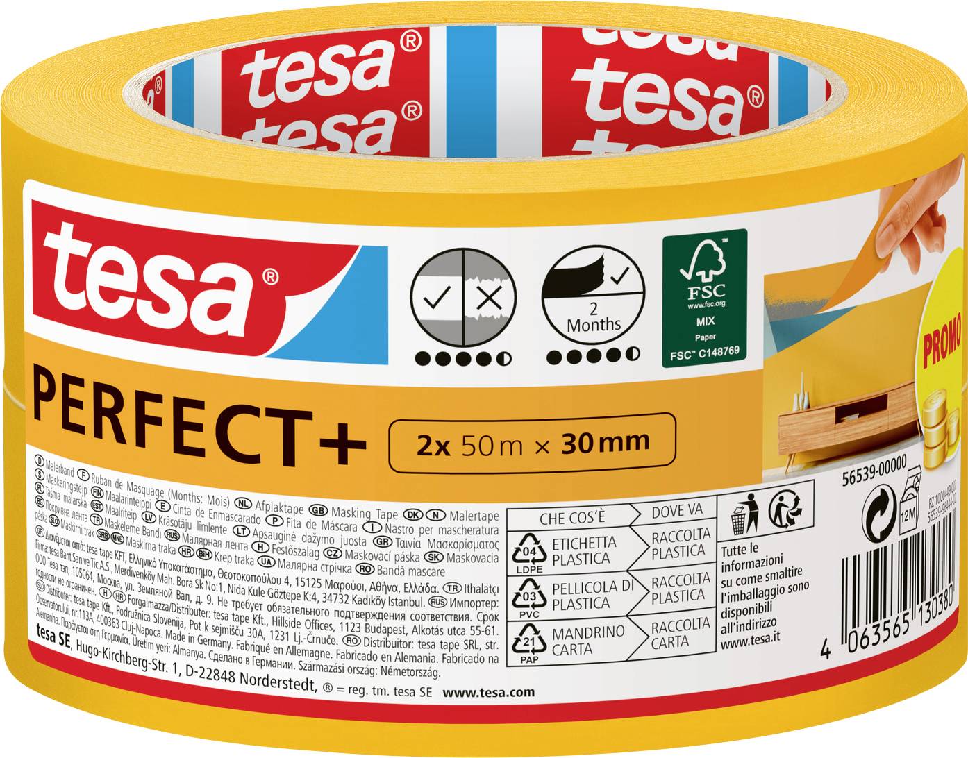 'Rol tesa Perfect+ schilder tape, 2x 50m x 30mm. Geschikt voor nauwkeurig schilderen; voorzien van beschermende kunststof verpakking.'
