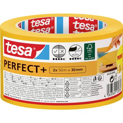 'Rol tesa Perfect+ schilder tape, 2x 50m x 30mm. Geschikt voor nauwkeurig schilderen; voorzien van beschermende kunststof verpakking.'