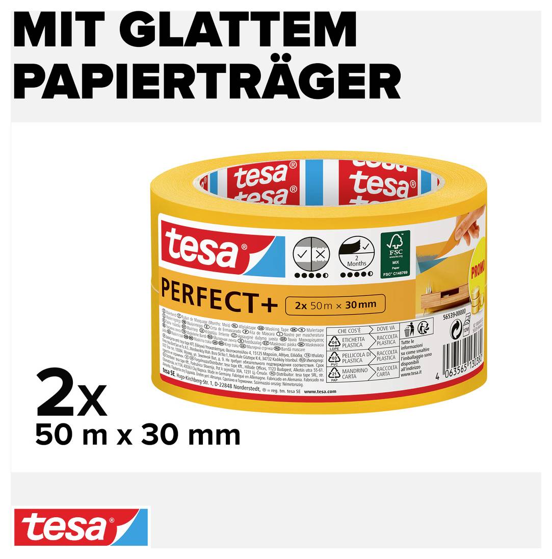 'Twee rollen Tesa Perfect+ plakband met een gladde papieren drager; afmetingen: 50 m x 30 mm per rol.'