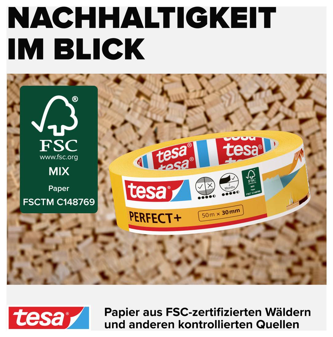 'Duurzaamheid in beeld' toont een rol Tesa-plakband in een houten omgeving, gecertificeerd door FSC voor duurzaamheid.