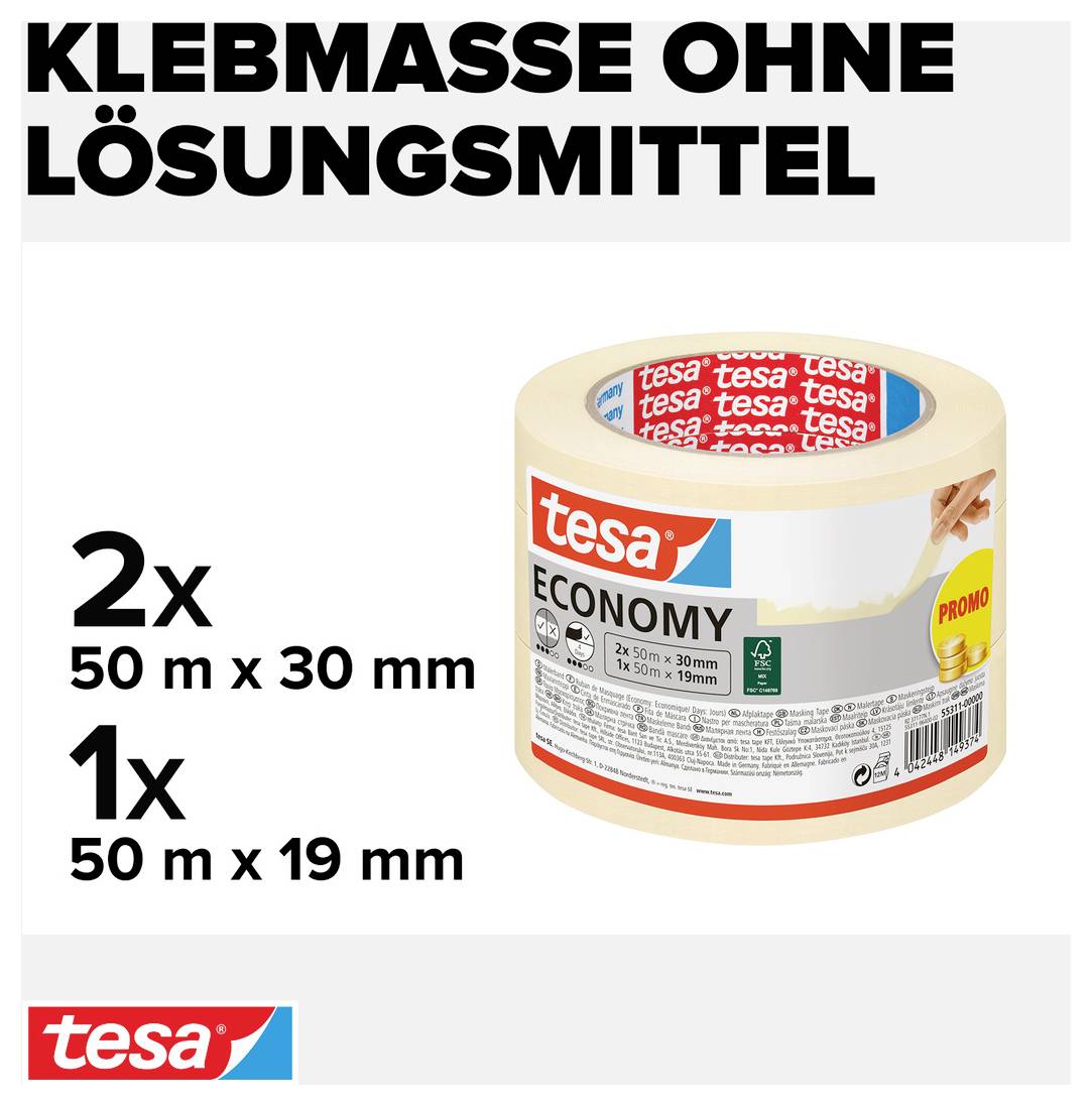'Kleefmassa zonder oplosmiddel'. Twee rollen plakband van Tesa. Één rol: 50 m x 30 mm, de andere: 50 m x 19 mm.