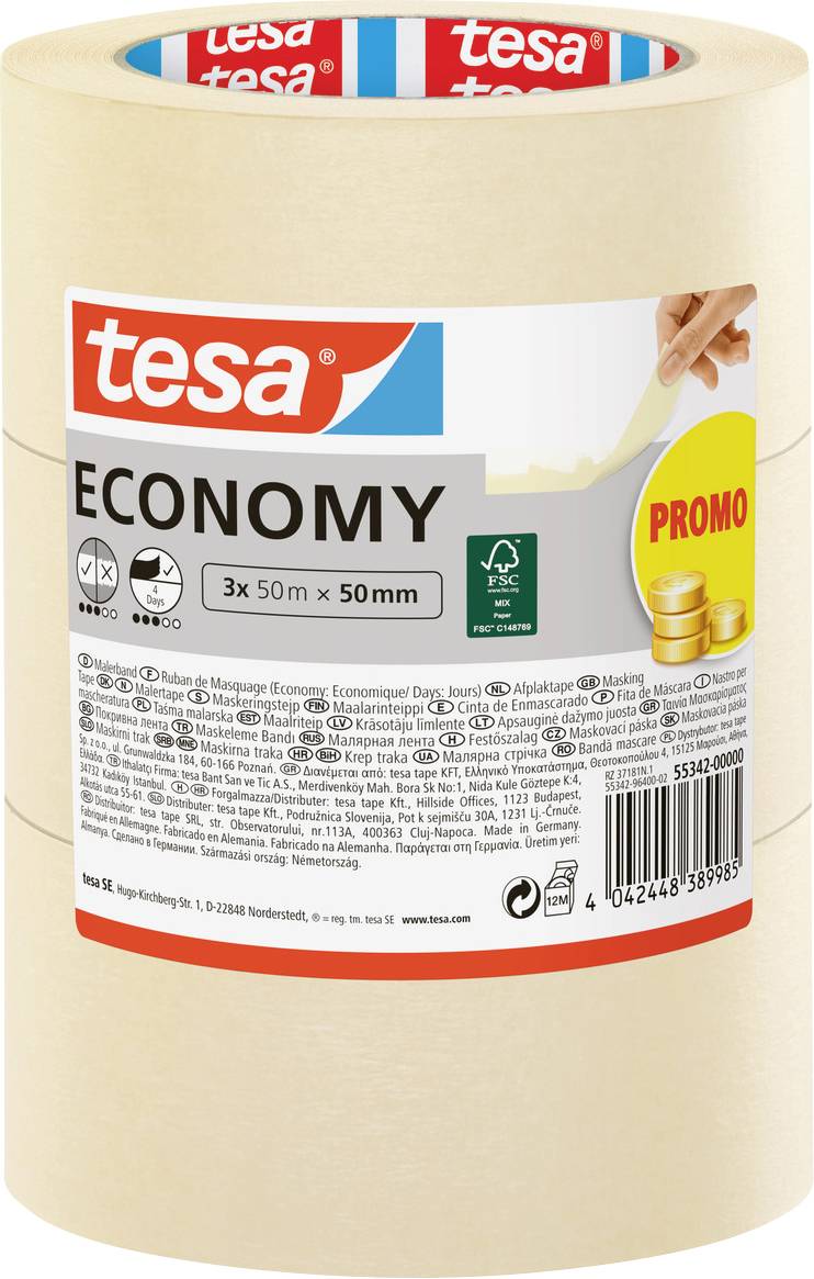Rol plakband gelabeld als 'tesa ECONOMY', 3 rollen, elk 50m x 50mm. Bevat 'PROMO' label. Milieuvriendelijk logo zichtbaar.