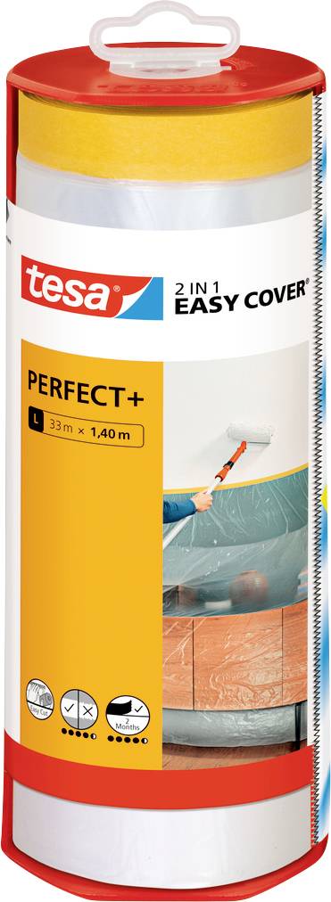 Tesa 2-in-1 Easy Cover Perfect+ rol, 33m x 1.40m, getoond met afbeelding van persoon die een verfroller gebruikt op een muur.