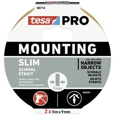 'Productverpakking van een dubbelzijdige plakbandrol van Tesa PRO, geschikt voor smalle objecten, 2 rollen à 5 m x 9 mm, voor binnen.'