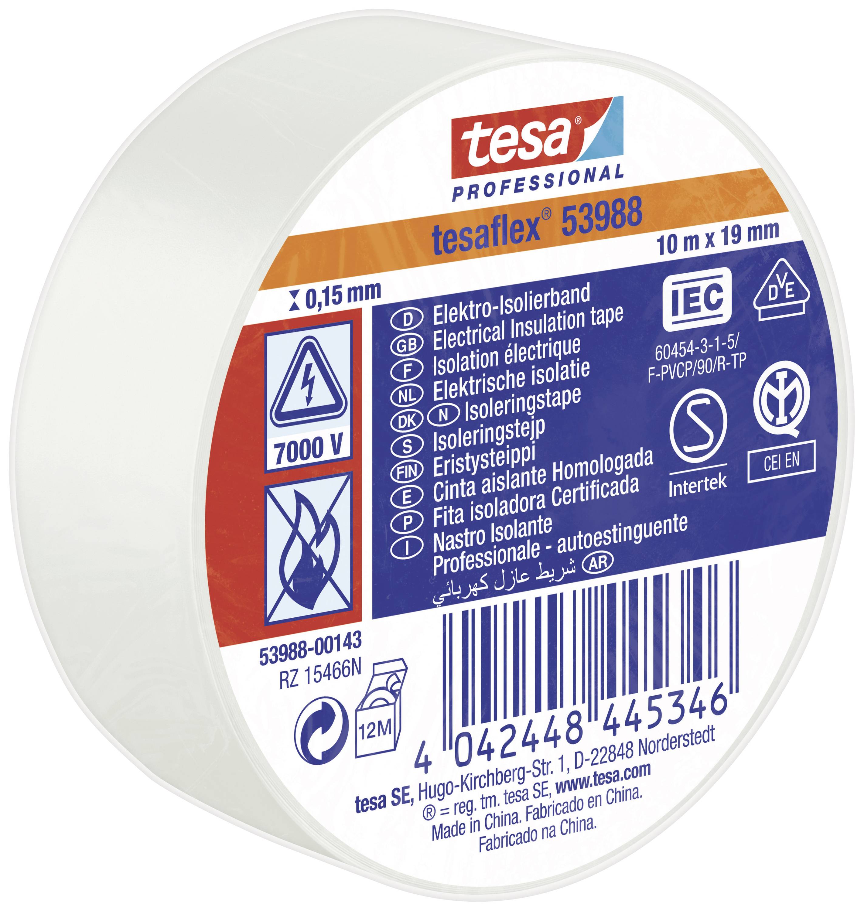 Een rol wit elektro-isolatietape van het merk Tesa, 10 m lang en 19 mm breed, geschikt voor spanningen tot 7000 V.