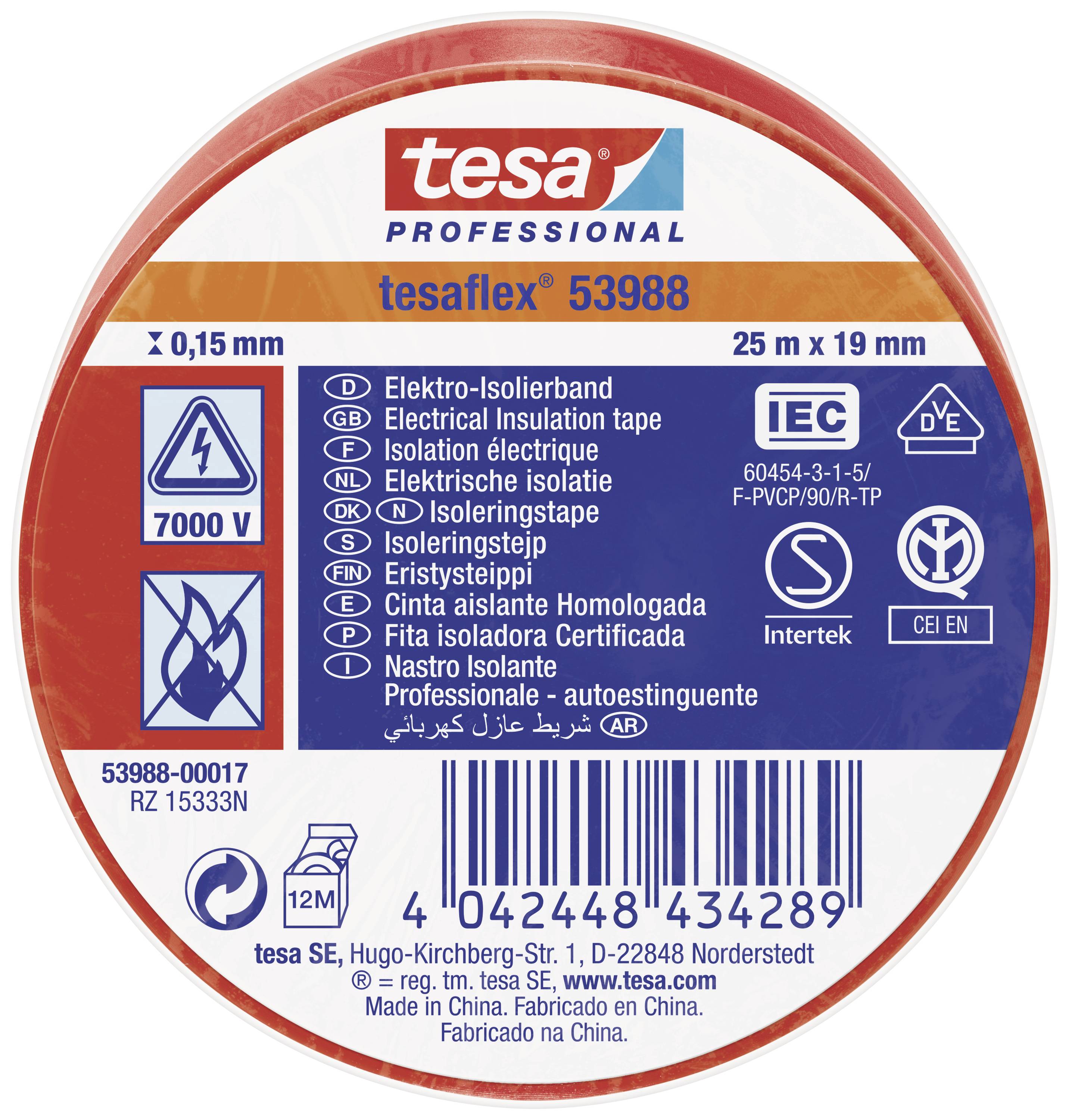 '25 m x 19 mm tesa Professional tesaflex 53988 Elektro-isolatieband'. Spanningssymbool: 7000 V. CE- en EN-symbolen onderaan.