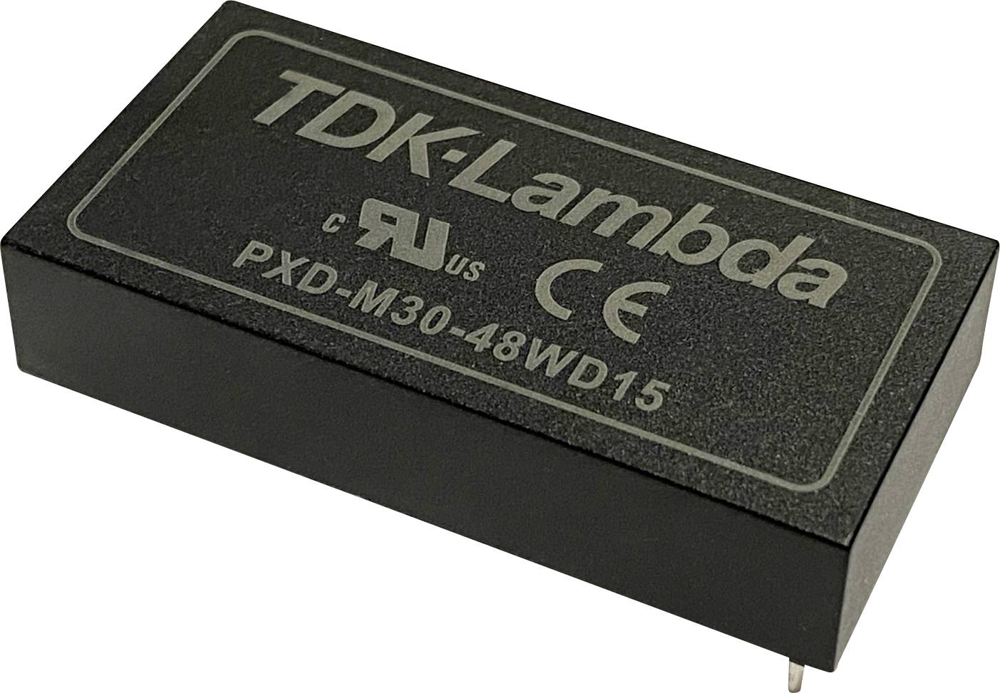 Zwarte TDK-Lambda spanningsomvormer, model PXD-M30-48WD15, met UL- en CE-certificeringen afgedrukt.