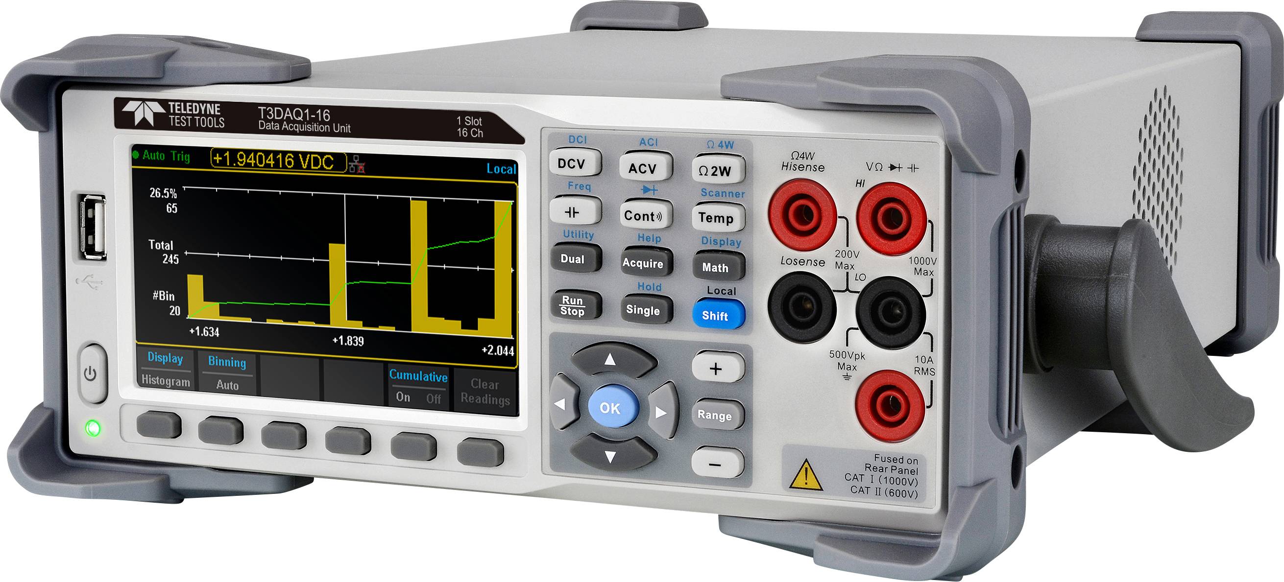 Een digitaal multimeter met display toont een staafdiagram. Verschillende functietoetsen en aansluitingen zijn zichtbaar.