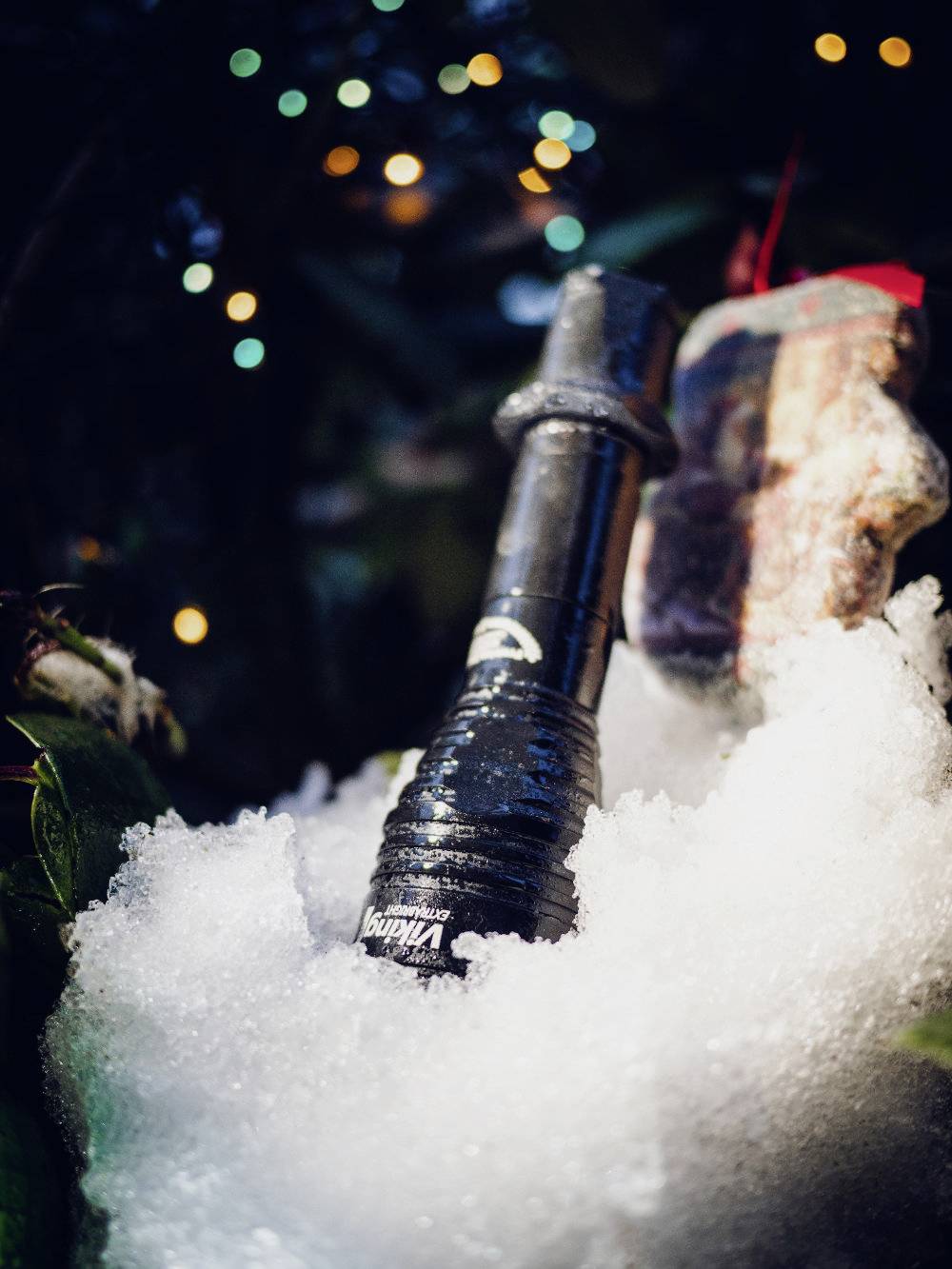 Een zwarte fles in de sneeuw, omgeven door natuur en lichten.