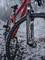 Een rode fiets staat in het besneeuwde bos. De focus ligt op de voorband en het gemonteerde licht. Het is winter.