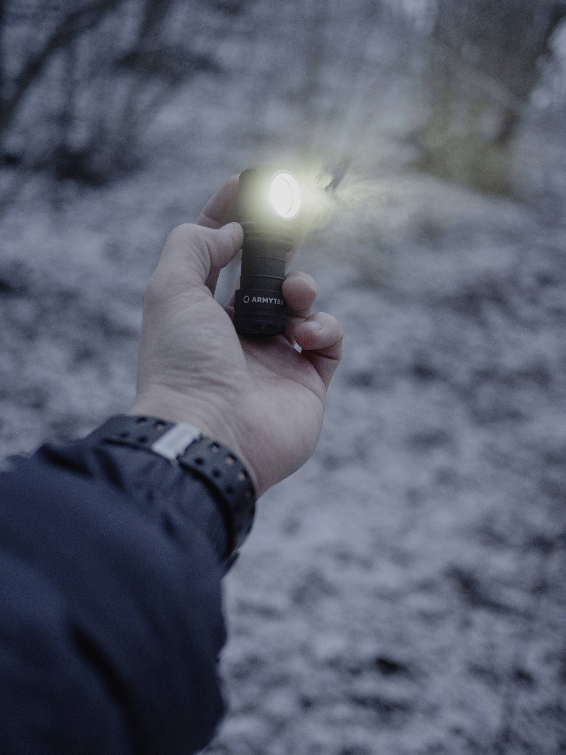 Een hand houdt een brandende zaklamp in een winterbos, waarbij de omringende sneeuw zacht wordt verlicht.