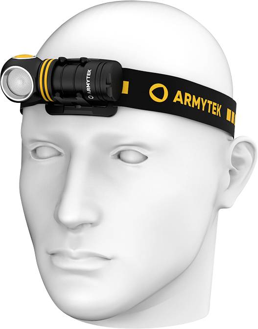 Een modelkop draagt een hoofdlamp van Armytek met een geel logo en zwart bandje. De lamp is zwart en vooraan bevestigd.
