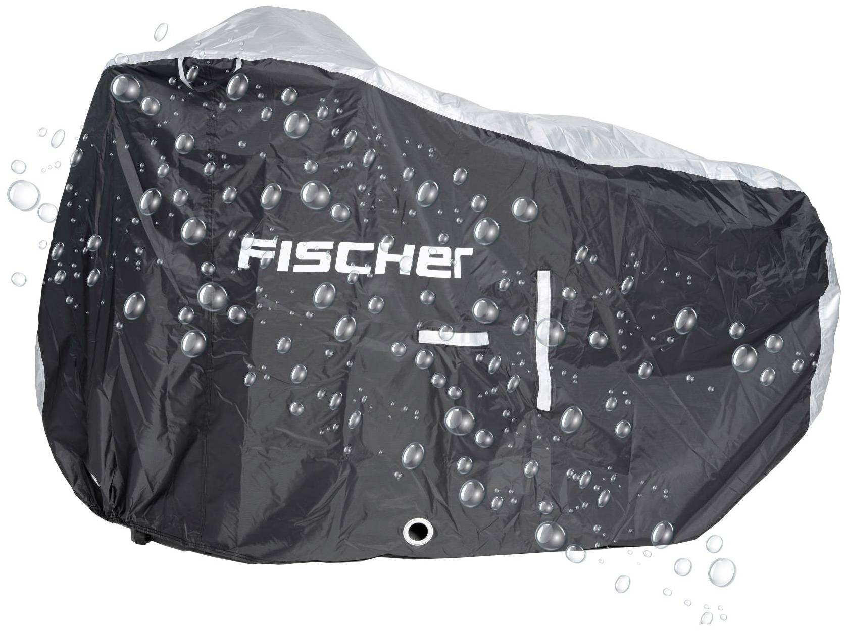 Een zwarte afdekking met de witte tekst 'Fischer'. Over de afdekking zijn waterdruppels verspreid, wat wijst op waterdichtheid.