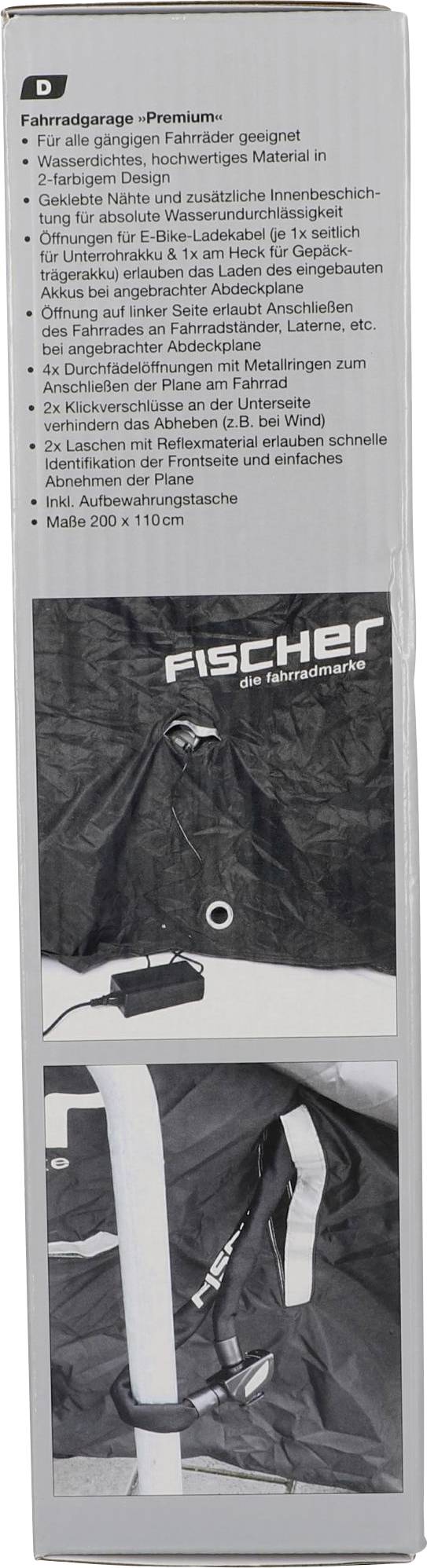 'Premium Fietsstalling' van Fischer, zwart. Beschermt E-Bikes tegen weersinvloeden. Met rits, ventilatieopening en verstelbaar. Afmeting: 200 x 100 cm.