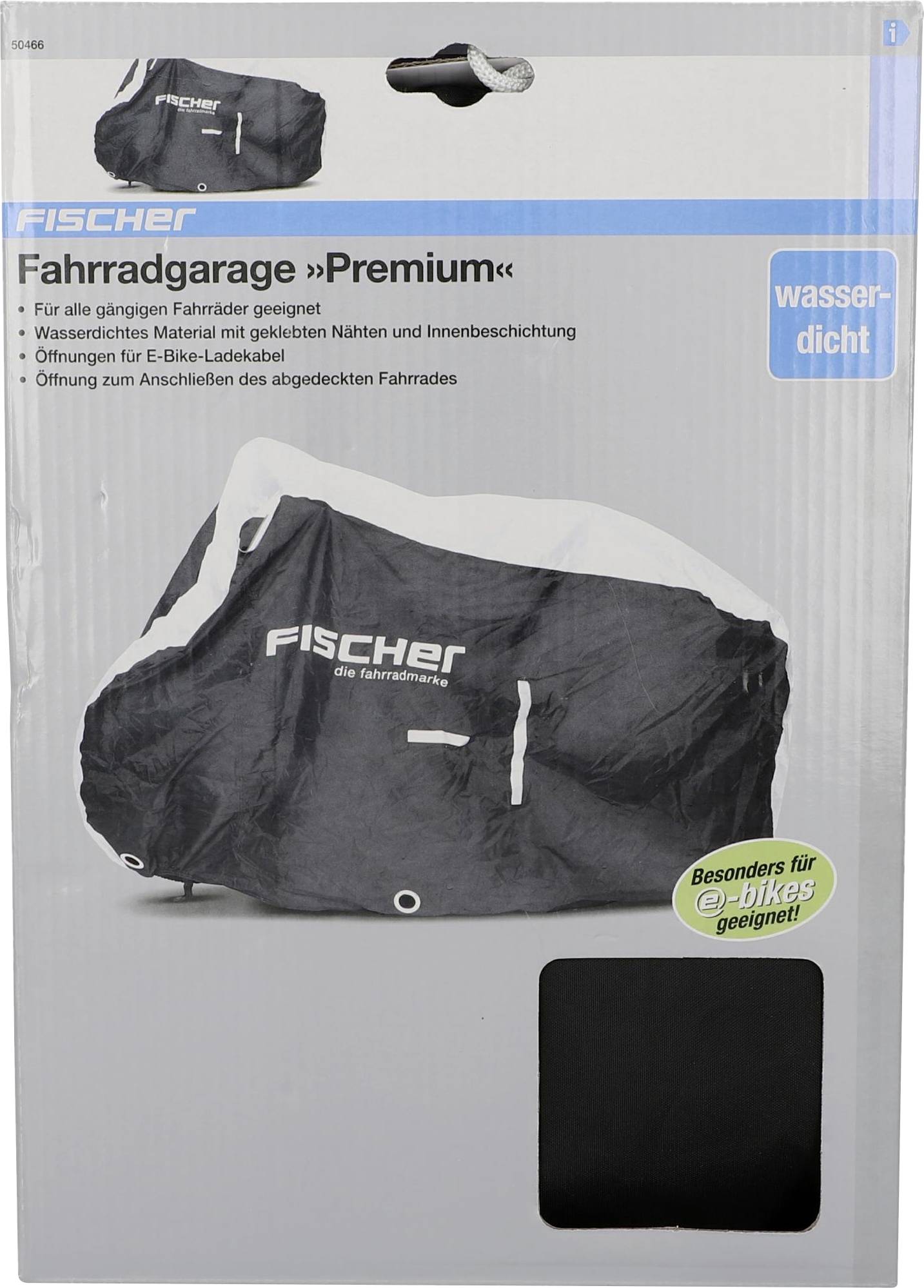 Verpakking voor FISCHER Fietsschuur 'Premium', toont een afbeelding van de schuur in het zwart met opdrukken zoals 'waterdicht' en 'speciaal geschikt voor e-bikes'.