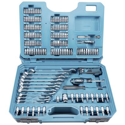 'Blauwe gereedschapskist met verschillende moersleutels, bits en dopsleutels. Netjes gerangschikt in vakken, geschikt voor mechanische reparaties.'