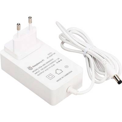 Wit Raspberry Pi-voedingsadapter met vast aangesloten kabel en Europese stekker, geschikt voor wisselstroomuitgang van 5 V, 3 A.