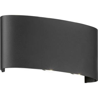 Een zwarte, halfronde wandlamp met een strak design. Hij straalt licht zowel naar boven als naar beneden uit.