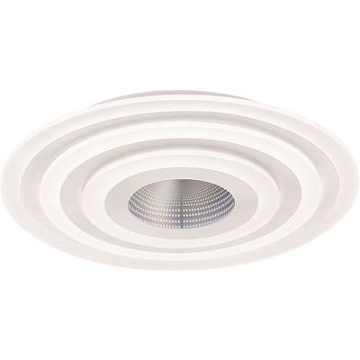 Een moderne, ronde plafondlamp met concentrische cirkels en een geperforeerde binnenkant die een gelijkmatig licht uitstraalt.