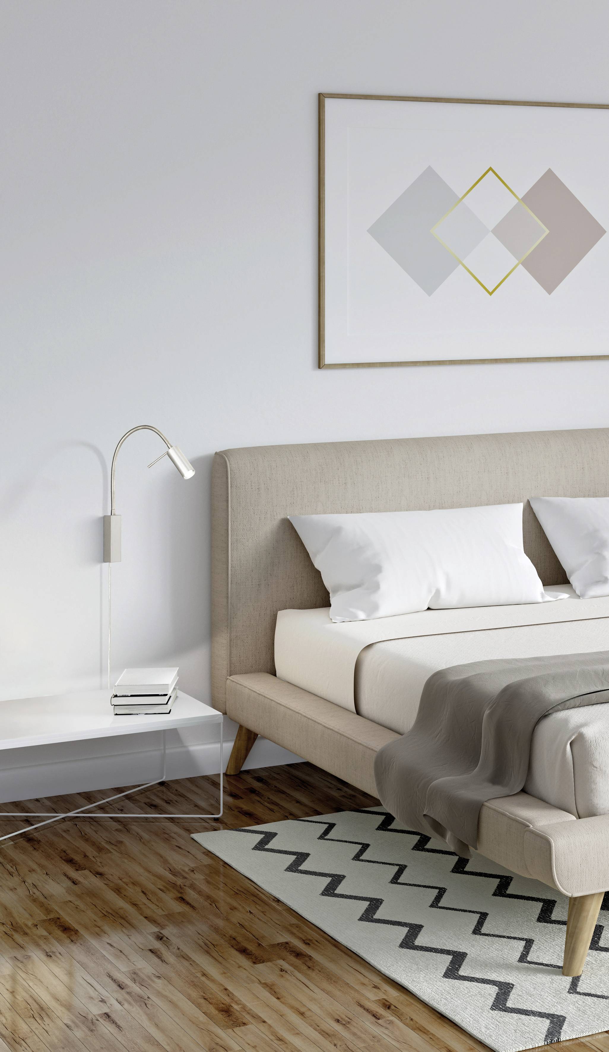 Een modern ingericht slaapkamer met een beige bed, twee kussens, een grijze deken, een nachtkastje met lamp en een ingelijste afbeelding aan de muur.