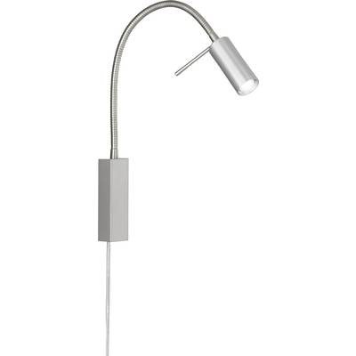 Zilveren flexibele wandlamp met een smal cilindrisch hoofd, ideaal voor het lezen of voor gericht licht.