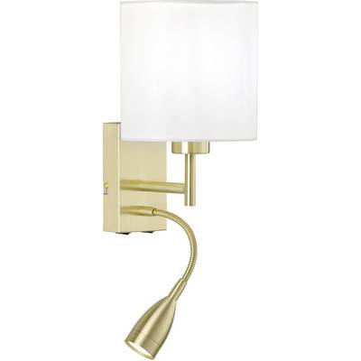 Wandlamp van messing met witte lampenkap en flexibele leesarm in lichtgoud, geschikt voor slaapkamer of woonkamer.