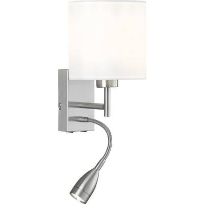 Wandlamp met een cilindrische, witte kap en flexibel leeslicht. Modern metalen design, geschikt voor slaapkamer of woonkamer.