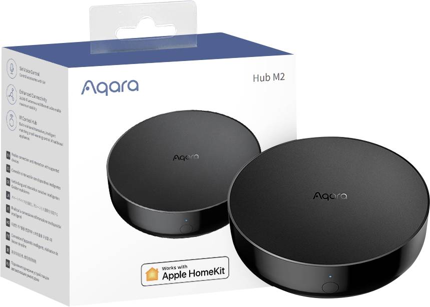 'Aqara Hub M2'-verpakking met ronde, zwarte Smart Home-hub. Compatibel met Apple HomeKit.