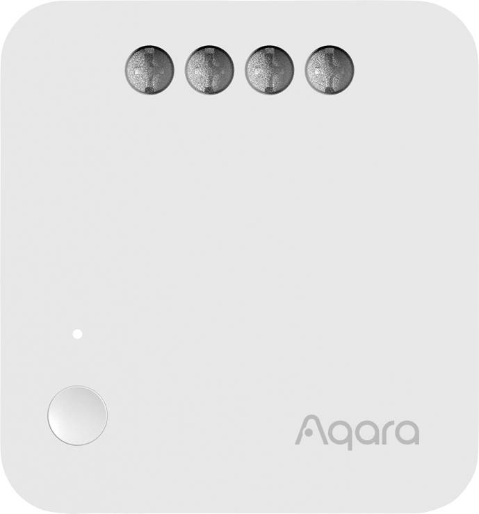 Vierkant, wit apparaat met vier bovenste knoppen en één onderste knop. Logo 'Aqara' rechts onderin.