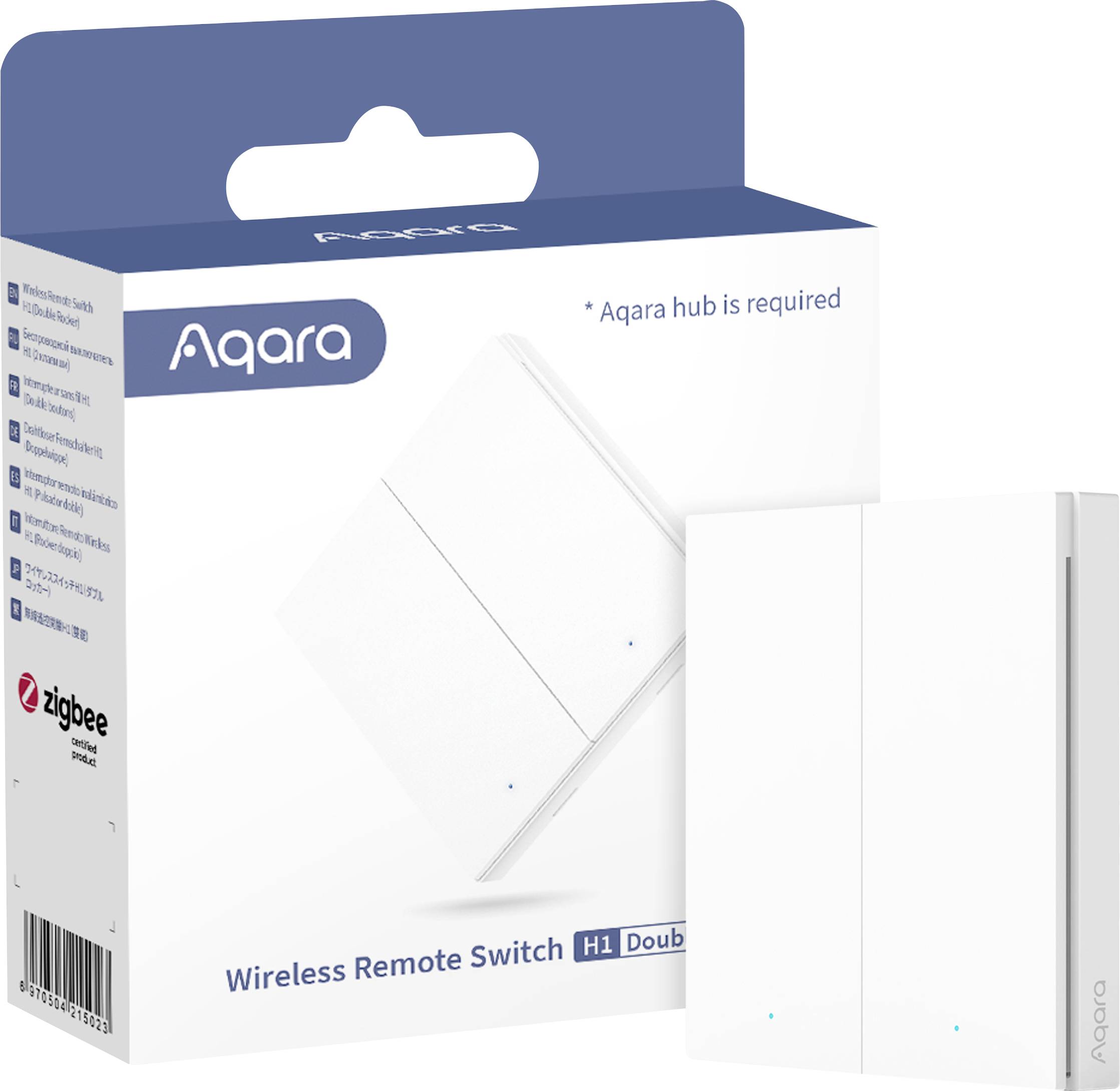 Draadloze dubbele wandschakelaar met Zigbee-ondersteuning, verpakking toont productafbeelding. Opmerking: 'Aqara-hub is vereist'.