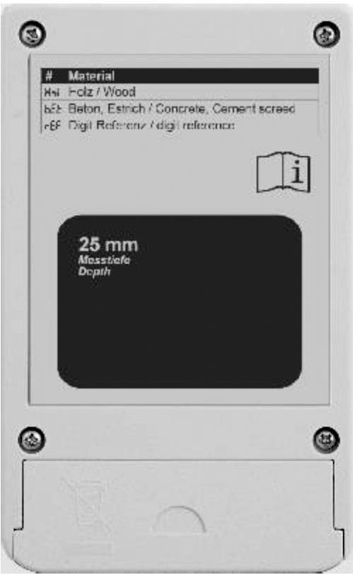 Een apparaat met een display toont: '25 mm meetdiepte / Depth'. Daaronder symbolen voor materiaaltypen: Hout, Beton, Dekvloer.