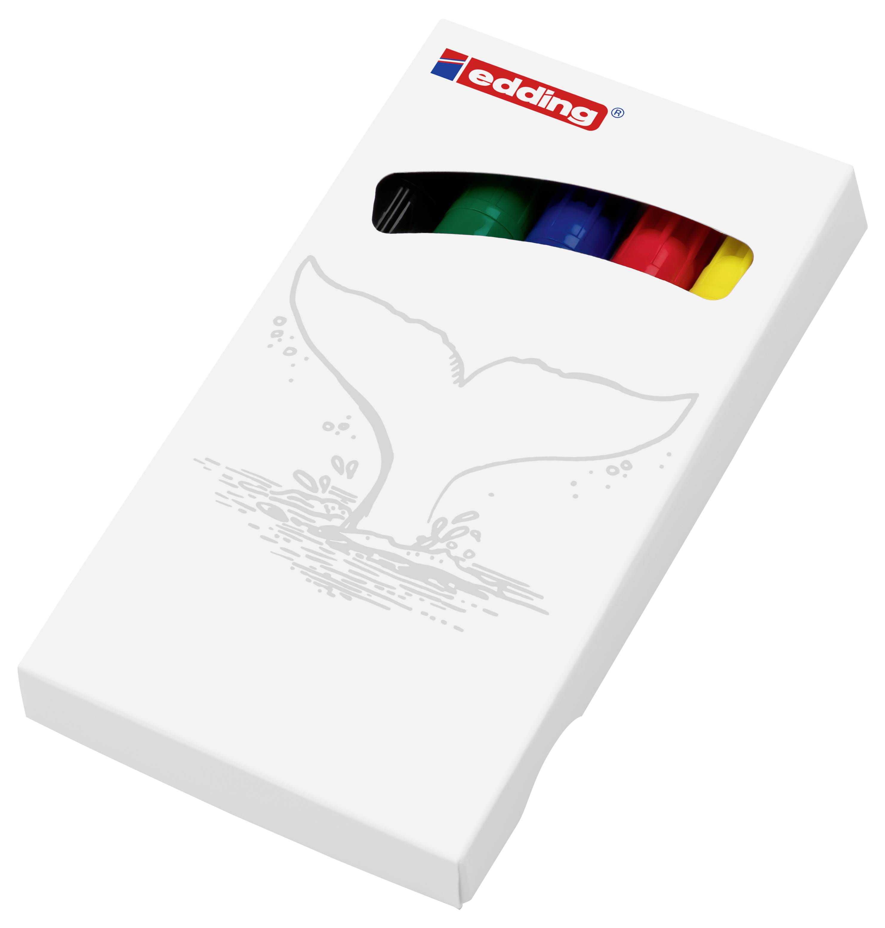 Witte Edding markeerset doos met een walvissaartillustratie en zichtbare groene, blauwe, rode en gele markers door een raam.
