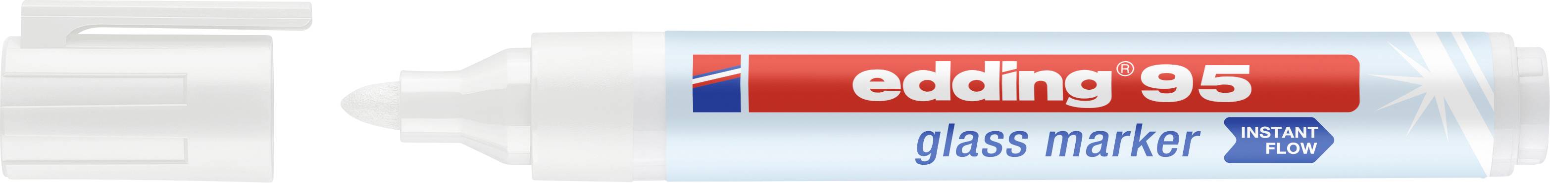 Een wit-blauwe glasmarker van edding 95 met verwijderde dop, geschikt voor glasoppervlakken, met 'Instant Flow'-aanduiding.