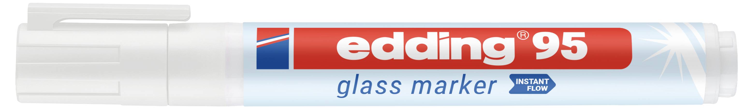 Een witte Edding 95 glasmarkeerstift met een rood etiket, blauw tipicon en tekst met "edding 95 glasmarkeerstift" en "instant flow".