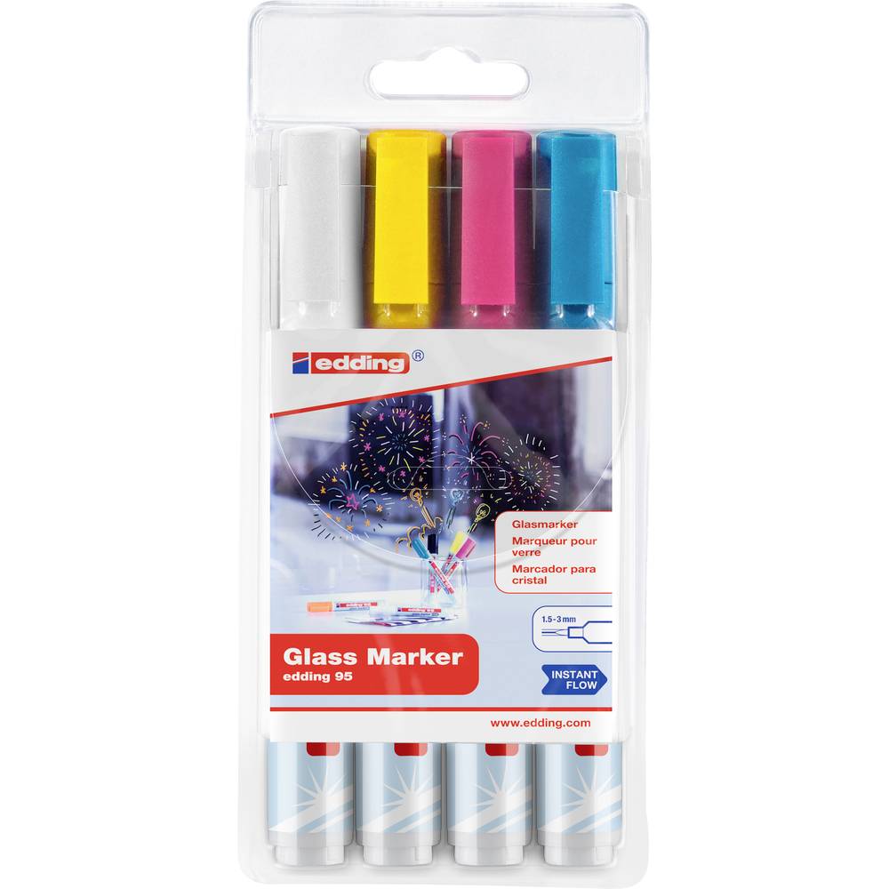 Edding e-95/4S 4-95-4-099 Glasmarker Geel, Lichtblauw, Pink, Wit 1.5 mm, 3 mm 4 stuks/pack