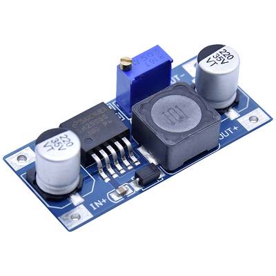 'Blauw elektrisch step-down-module met twee cilindrische condensatoren en een centrale smoorspoelontworpen op een printplaat.'
