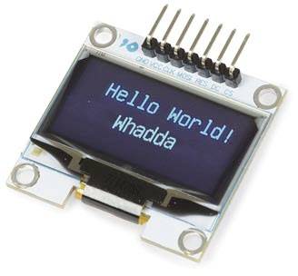 Een klein OLED-display toont het bericht 'Hello World! Whadda'. Het display is uitgerust met meerdere pinnen voor elektronische verbinding.
