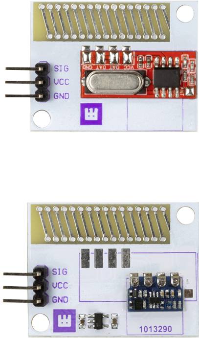 Twee elektronische modules met labels 'SIG', 'VCC', 'GND'. Bovenste module heeft een kristal en een IC, onderste module heeft een kleine blauwe component.
