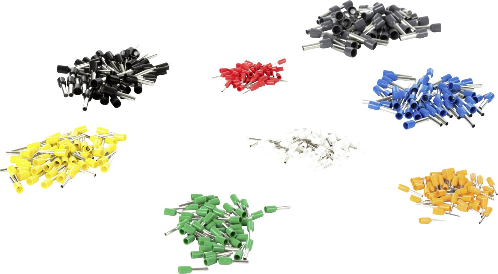 Meerdere hopen geïsoleerde kabelschoenen in verschillende kleuren: zwart, rood, blauw, geel, groen, wit, grijs en oranje.