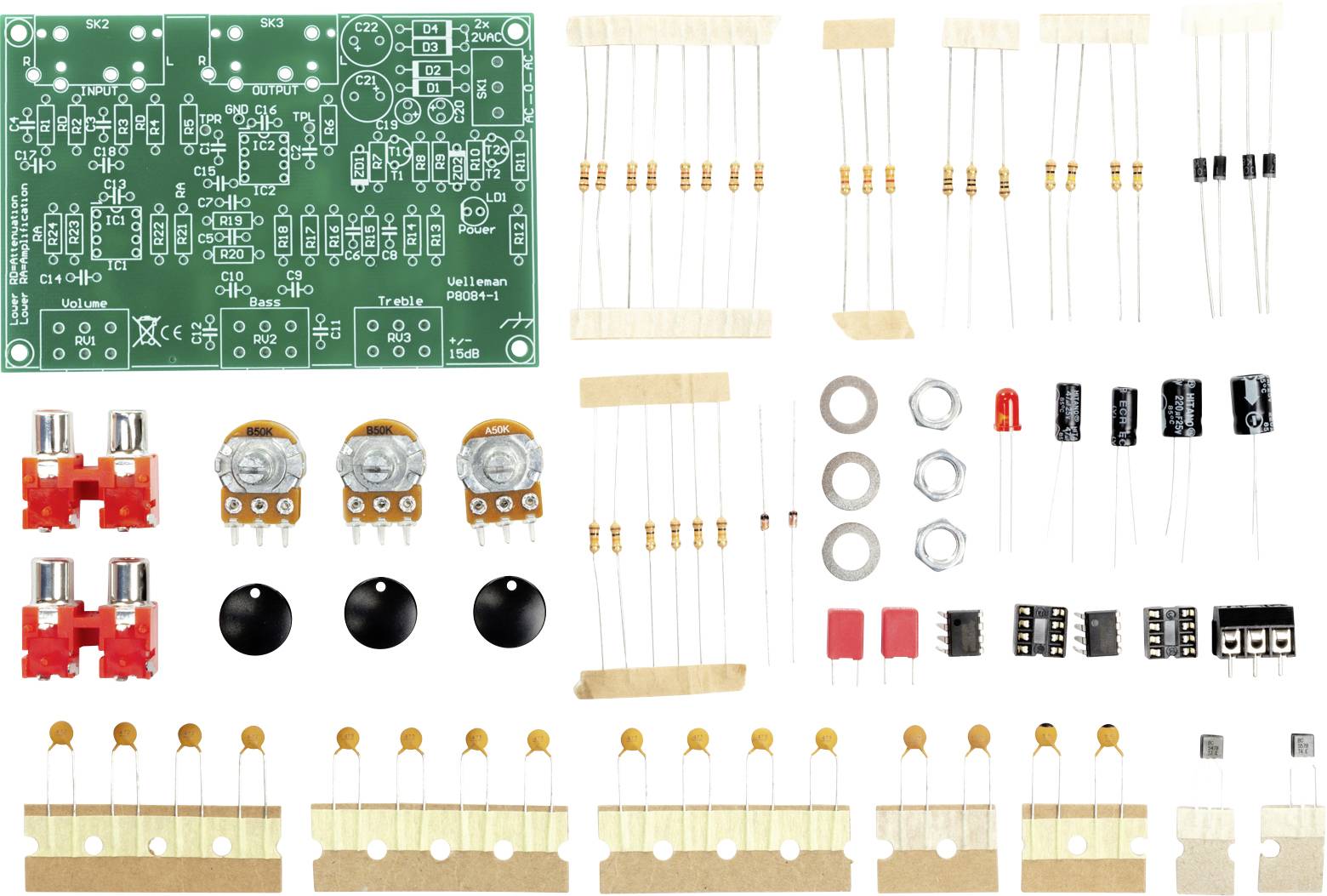 Elektronica-set met printplaat, weerstanden, potentiometers, condensatoren en andere componenten voor schakelingmontage.