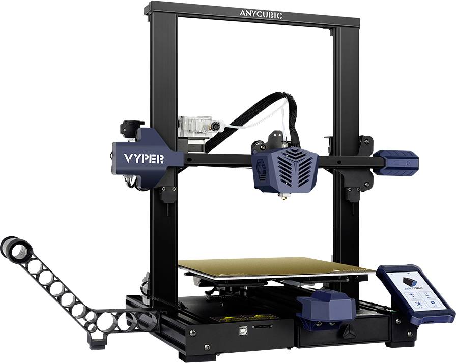 3D-printer met open frame en LCD-touchscreen, gemarkeerd als 'Anycubic Vyper'. Wordt gebruikt voor het printen van 3D-objecten.