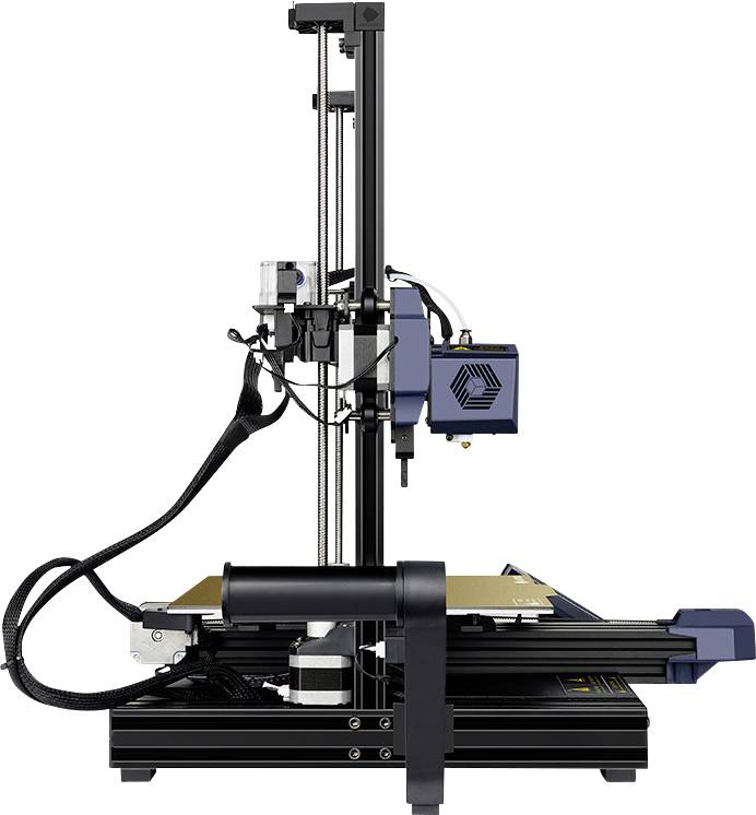 3D-printer met moderne, verticale opbouw. Toont extruder-eenheid, drukplatform en filamentgeleiding.
