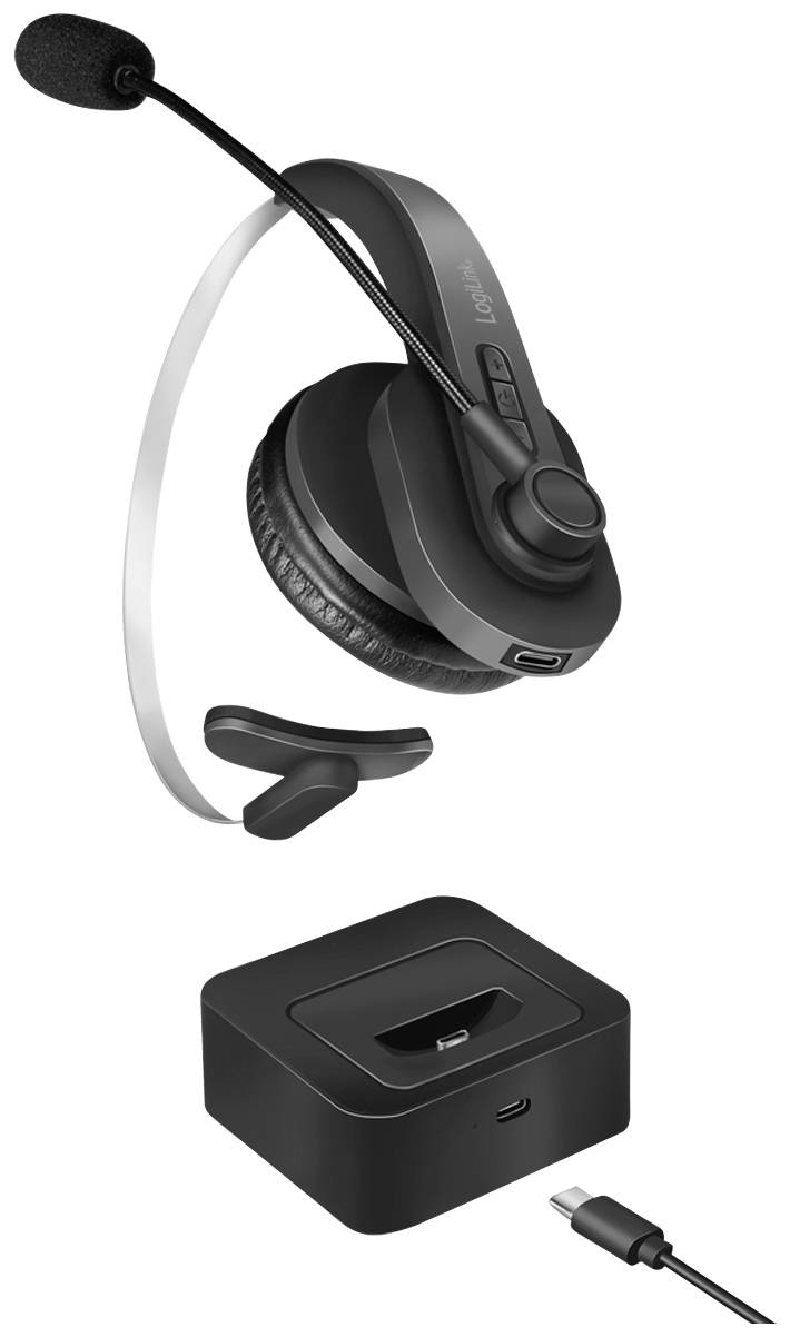 Draadloze headset met microfoon en laadstation weergegeven. Bevat USB-C-kabel voor opladen. Geschikt voor handsfree bellen.